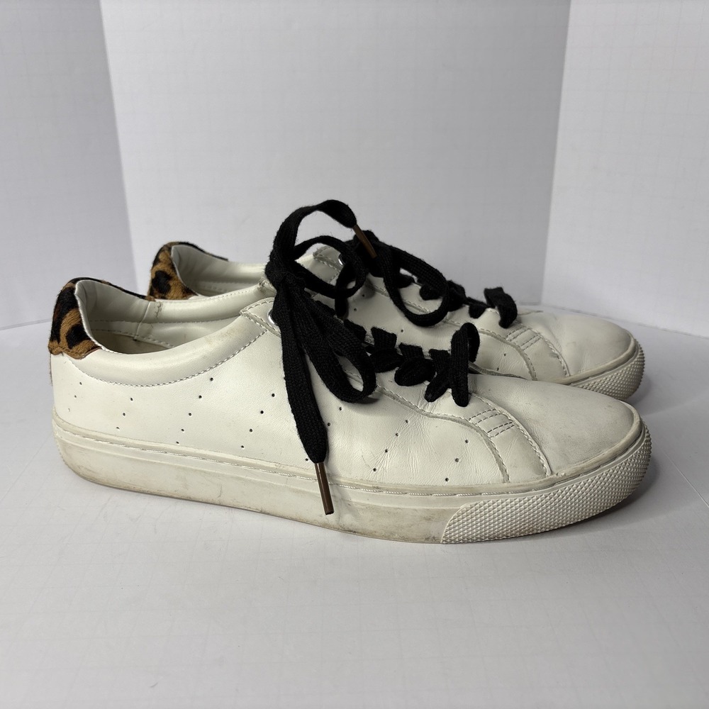 J Crew Saturday Cheetah Leopard Calf Fur White Leather‎ Sneaker Womens 8 L7197